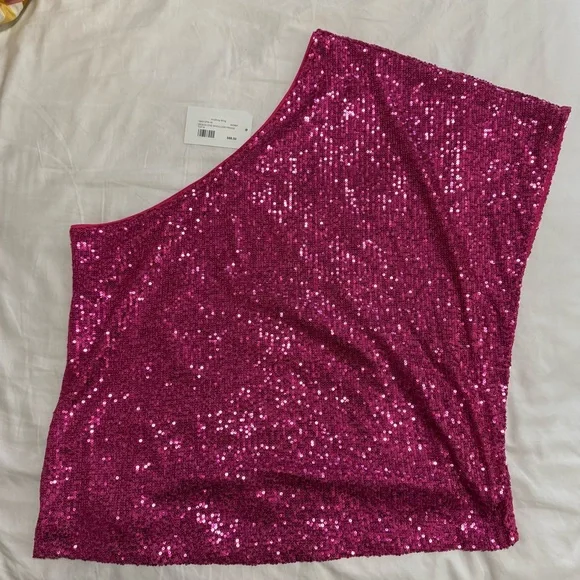 HOT Pink Sequin One-Shoulder Top - Picture 2 of 6